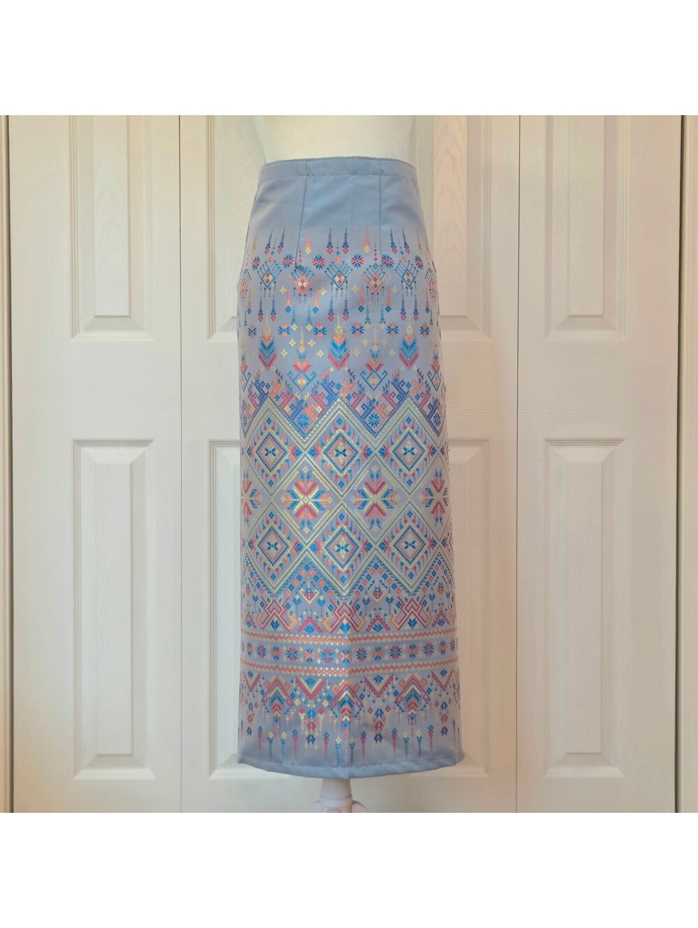 Handmade Baby Blue Traditional Thai Column Wrap Skirt Tribal Geometric Pha Sinh